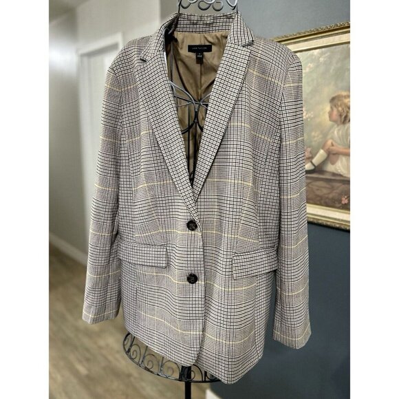 Ann Taylor Blazer Size 14 Two Button Tan Brown White Plaid Business - Picture 1 of 5